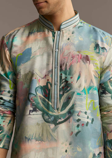 Multicolour Silk Kurta Set For Men With Artistic Brushstroke Print