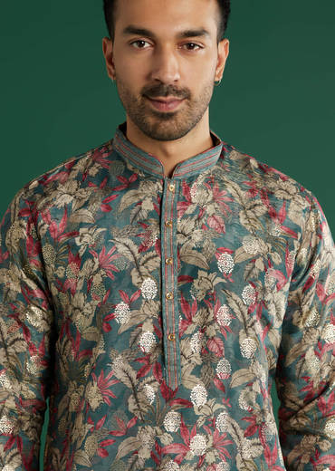 Multicolour Silk Kurta Set For Men With Floral Motif Print