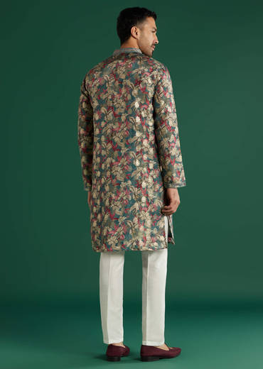 Multicolour Silk Kurta Set For Men With Floral Motif Print