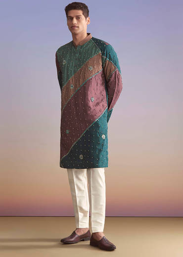 Multicolour Silk Kurta Set For Men With Intricate Resham Work