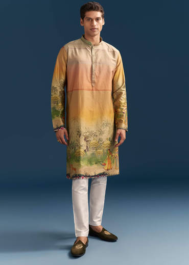 Multicolour Silk Kurta Set For Men With Pichwai Print