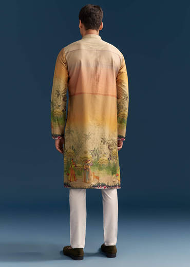 Multicolour Silk Kurta Set For Men With Pichwai Print