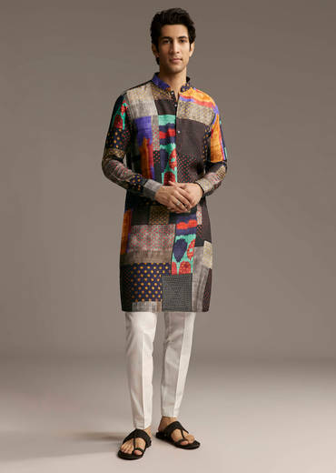 Multicolour Silk Patchwork Designer Kurta For Men