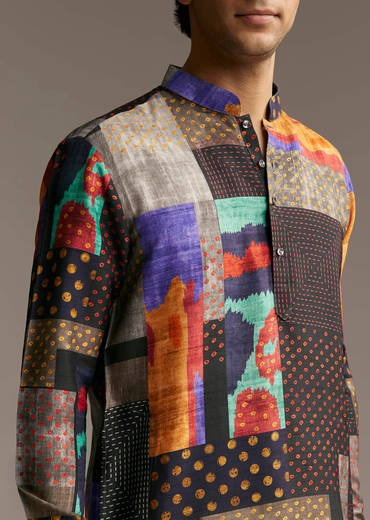 Multicolour Silk Patchwork Designer Kurta For Men
