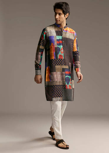 Multicolour Silk Patchwork Designer Kurta For Men