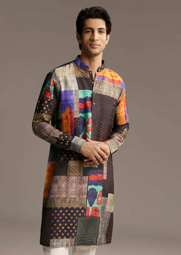 Multicolour Silk Patchwork Designer Kurta For Men