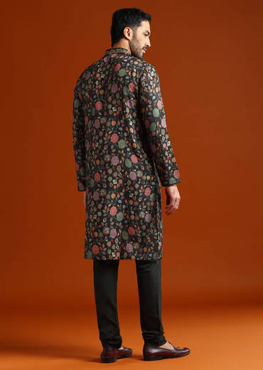 Multicolour Viscose Printed Kurta Set For Men With Heavy Hand Embroidery
