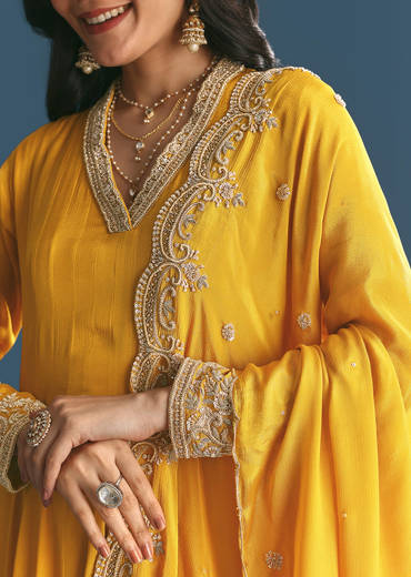 Mustard Chinon Anarkali Suit With Zardosi Work Dupatta