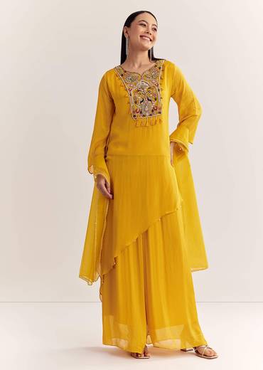 Mustard Chinon Asymmetrical Embroidered Kurta Set With Dupatta