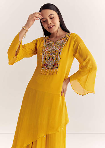 Mustard Chinon Asymmetrical Embroidered Kurta Set With Dupatta
