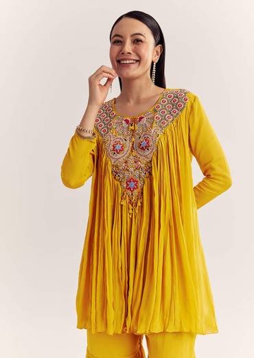 Mustard Chinon Flared Kurta With Thread Work