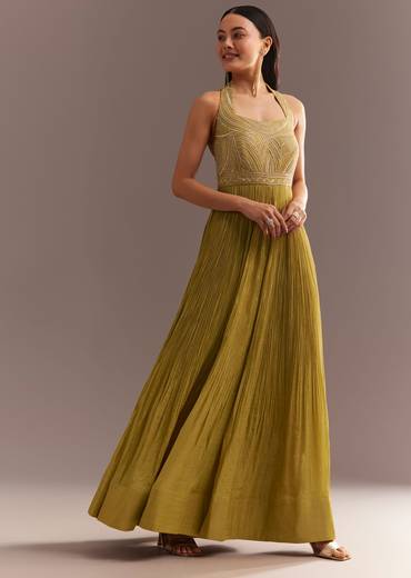 Mustard French Tissue Jumpsuit With Cutdana Work