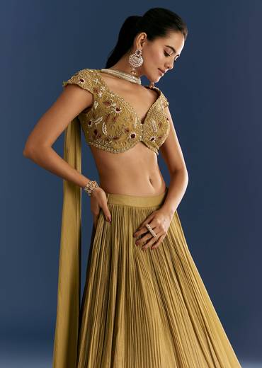 Mustard French Tissue Lehenga With Embroidered Blouse And Choker Dupatta