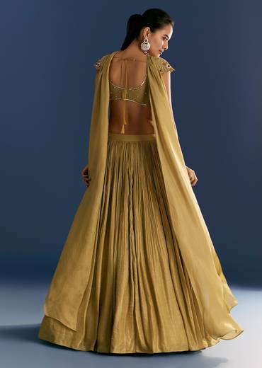 Mustard French Tissue Lehenga With Embroidered Blouse And Choker Dupatta