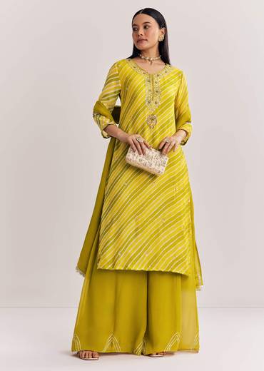 Mustard Leheriya Kurta Palazzo Suit With Cutdana And Sequins Work