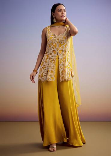 Mustard Net Palazzo Suit With Moti And Cut Dana Work