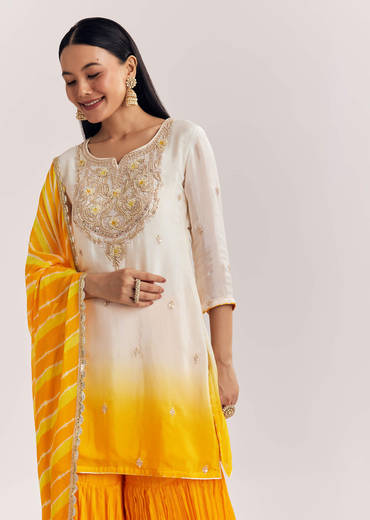 Mustard Ombre Leheriya Kurta Sharara Suit With Cutdana And Sequins Work