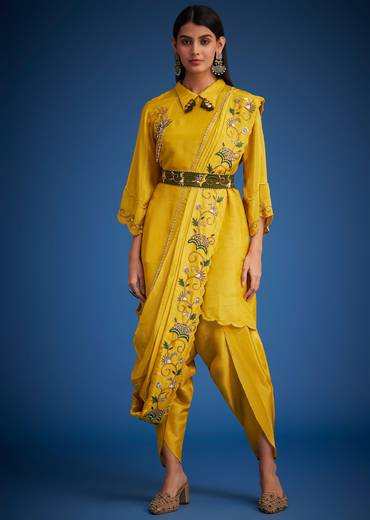 Mustard Tissue Embroidered Dhoti Set
