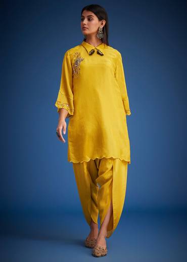 Mustard Tissue Embroidered Dhoti Set