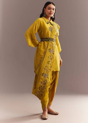 Mustard Tissue Embroidered Kurta Dhoti With Pre Draped Dupatta And Belt
