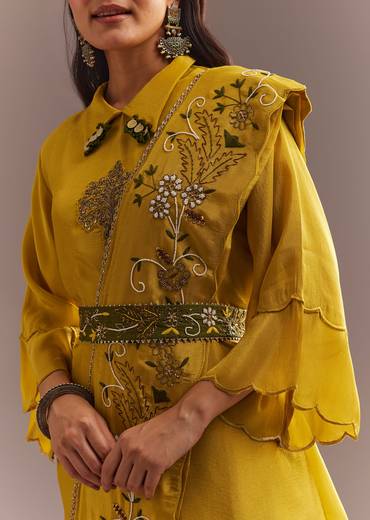 Mustard Tissue Embroidered Kurta Dhoti With Pre Draped Dupatta And Belt