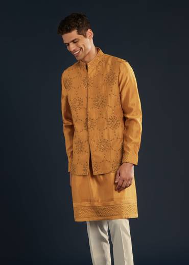 Mustard Yellow Chanderi Jacket Kurta Set With Dori Work