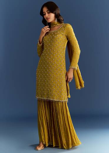 Mustard Yellow Chinon Kurta With Sharara And Dupatta