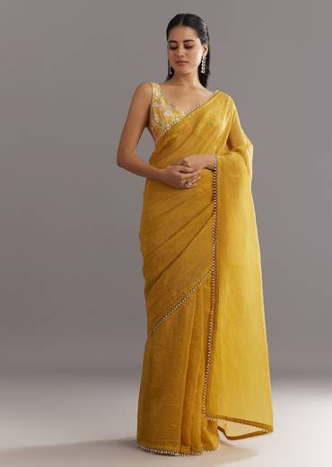 Mustard Yellow Crushed Tissue Saree With Moti Cutdana Embellished Border