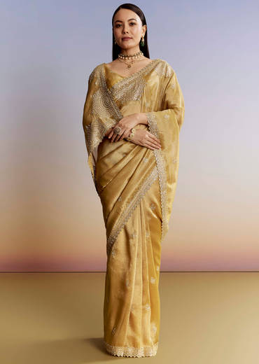 Mustard Yellow Jacquard Tissue Saree With Zigzag Zardosi Work