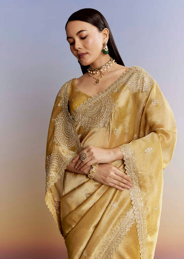 Mustard Yellow Jacquard Tissue Saree With Zigzag Zardosi Work