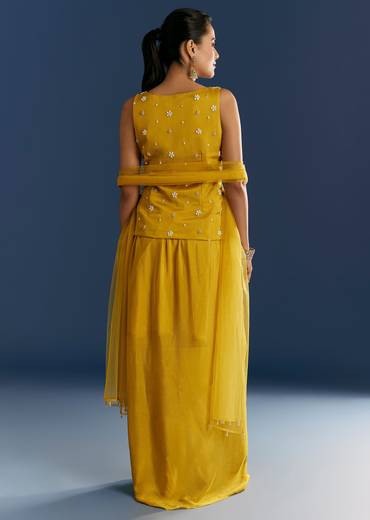 Mustard Yellow Moti Embroidered Kurta Skirt With Dupatta