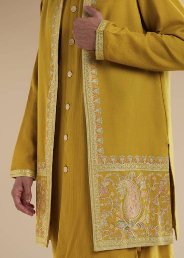Mustard Yellow Pashmina Kurta Jacket Set With Thread Resham Work
