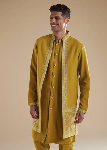 Mustard Yellow Pashmina Kurta Jacket Set With Thread Resham Work