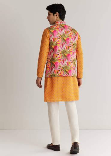 Mustard Yellow Silk 3D Crystal Pearl Floral Kurta Jacket Set