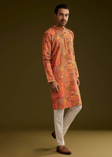 Mustard Yellow Silk Floral Abstract Printed Kurta Set With Stone Work