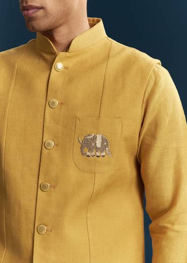 Mustard Yellow Silk Kurta Jacket Set With Thread Detail Work
