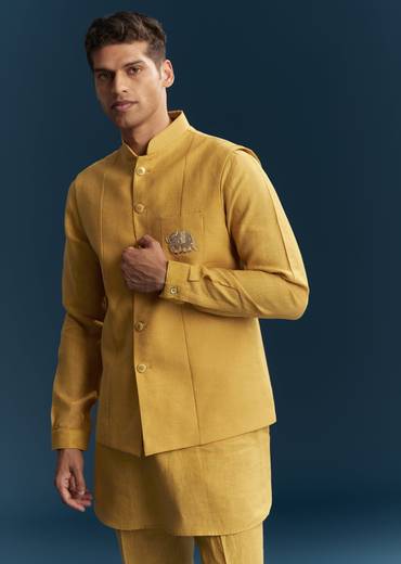 Mustard Yellow Silk Kurta Jacket Set With Thread Detail Work