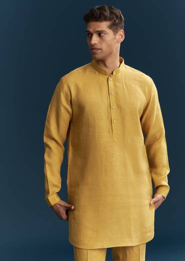 Mustard Yellow Silk Kurta Jacket Set With Thread Detail Work