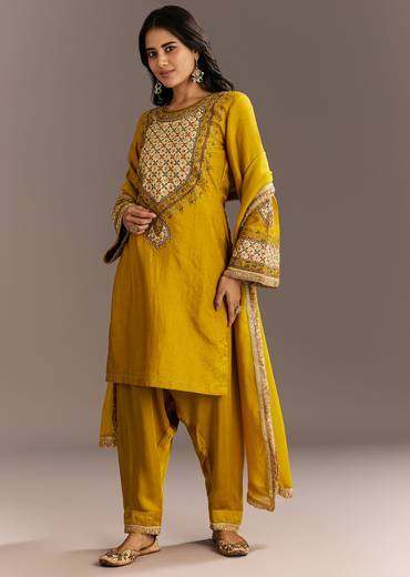 Mustard Yellow Silk Kurta Patiala With Gotta Lace Dupatta
