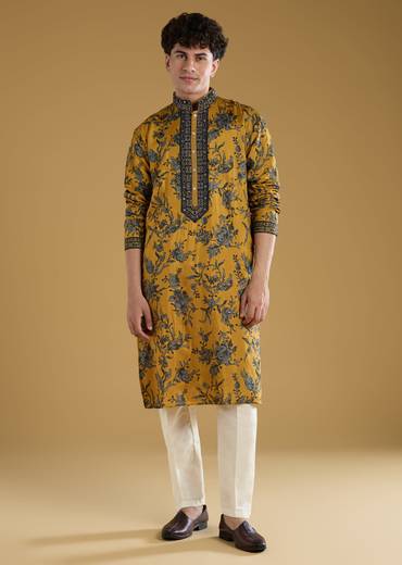 Mustard Yellow Silk Kurta Set With Thread And Mirror Work