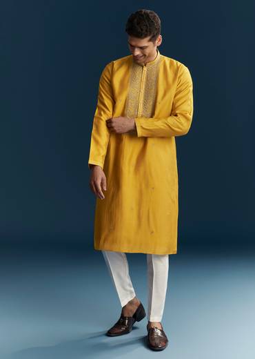Mustard Yellow Silk Kurta Set With Thread Detail Work