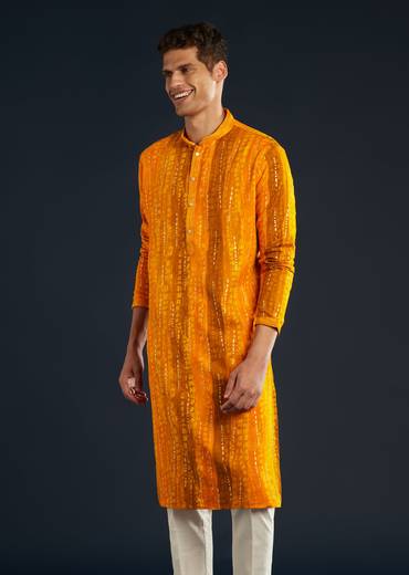 Mustard Yellow Silk Mens Kurta Set with Resham Work