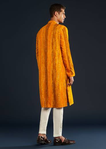 Mustard Yellow Silk Mens Kurta Set with Resham Work