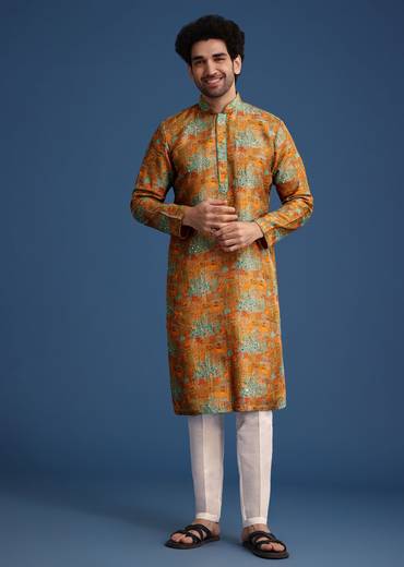 Mustard Yellow Silk Printed Kurta Set