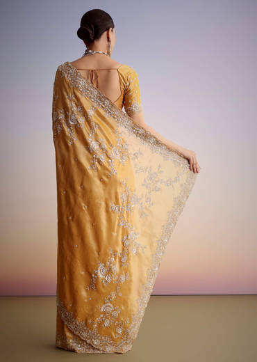 Mustard Yellow Silk Saree With Heavily Embroidered Pallu And Border
