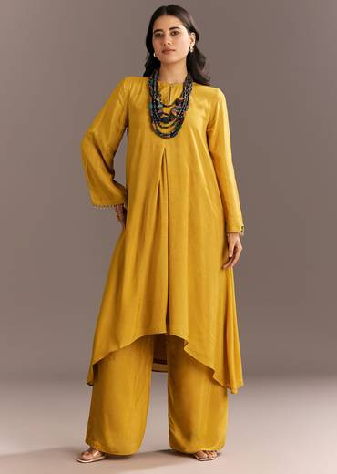Mustard Yellow Solid Kurta Palazzo Set With Wooden Bib Neckpiece