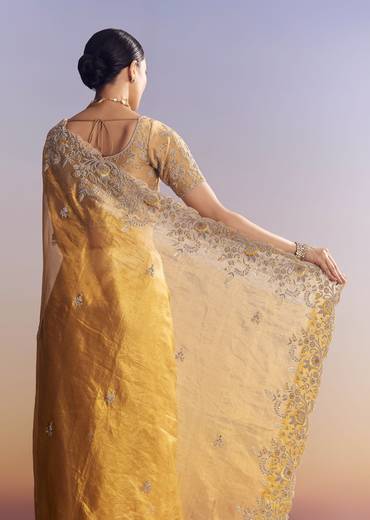 Mustard Yellow Tissue Saree With Golden Zardosi Embroidery