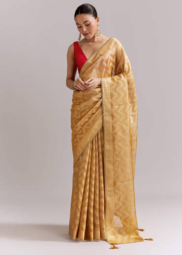 Mustard Yellow Tissue Woven Saree With Gold Tone And Zari Border