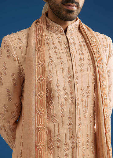 Natural Beige Tissue Sherwani Dupatta Set With Cutdana And Crystal Work