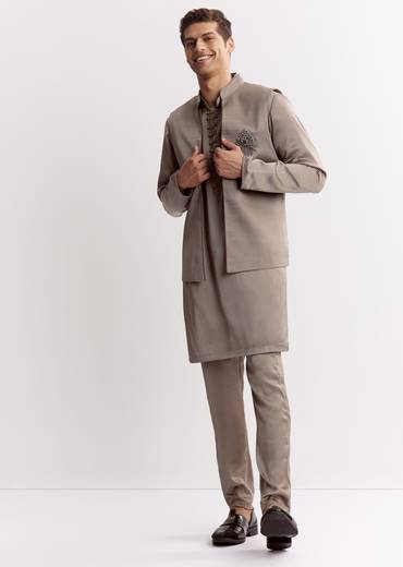 Natural Linen Kurta Jacket Set With Mandarin Collar